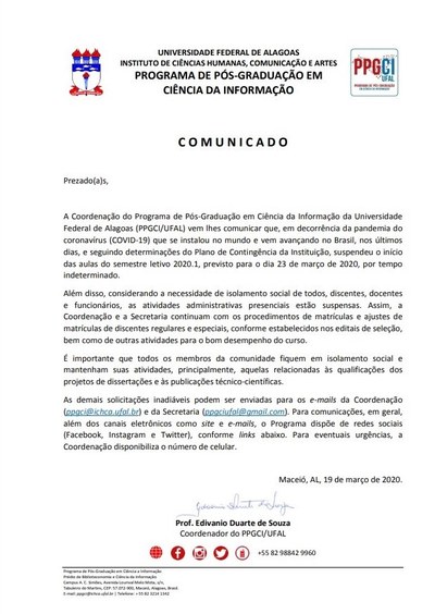 Comunicado, de 19 de março de 2020.